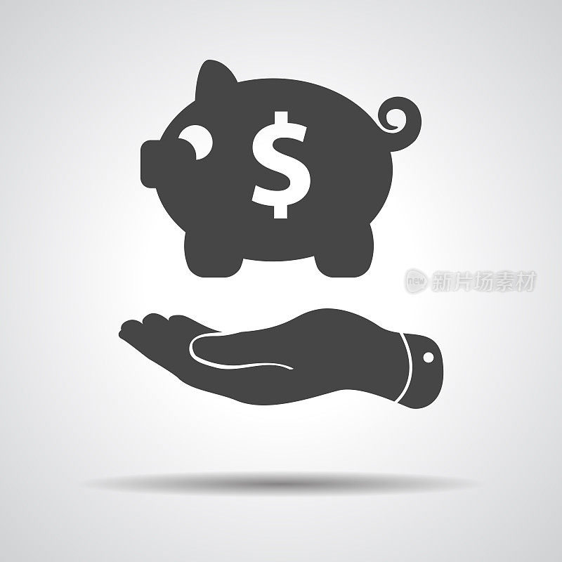 flat hand showing black piggy bank icon on a grey background